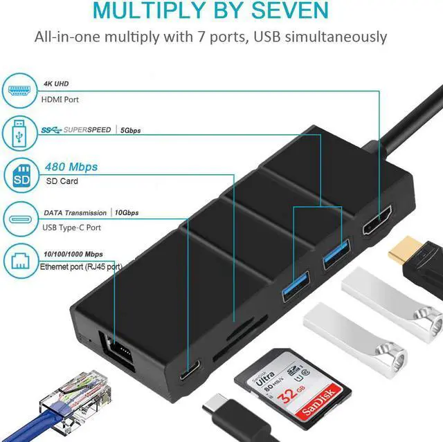 Alt view image 2 of 7 - USB-C Hub Multiport Adapter Werleo USB C Network Adapter 7-in-1 USB C Dock with 4K HDMI Gigabit Ethernet PD Charging 2 USB 3.0 Ports SD / TF Card Reader Compatible with MacBook Pro and USB C Device