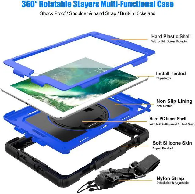 Alt view image 6 of 7 - iPad 6th 5th Generation Case New iPad 9.7 Inch 2018 2017 Case Full-body Shock Proof Hybrid Armor Protective Case Cover with 360 Rotating Stand & Strap for Apple iPad 5th / 6th iPad Air 2 iPad Pro 9.7