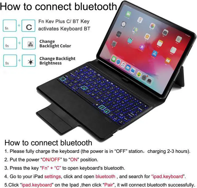 Alt view image 7 of 7 - 2018 New iPad Pro 11 Keyboard Case 7 Colors Backlit with Built-in Apple Pencil Holder Slim Folio Shell Protective Stand Cover Wireless Bluetooth Keyboard for Apple iPad Pro 11" Black