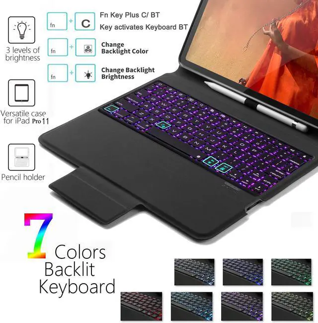 Alt view image 3 of 7 - 2018 New iPad Pro 11 Keyboard Case 7 Colors Backlit with Built-in Apple Pencil Holder Slim Folio Shell Protective Stand Cover Wireless Bluetooth Keyboard for Apple iPad Pro 11" Black