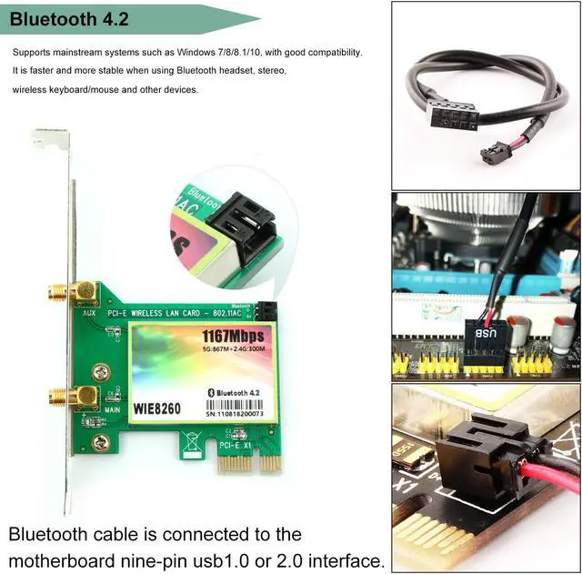 Alt view image 4 of 7 - Werleo AC 1200Mbps Bluetooth 4.2 Wireless Network Card 802.11 AC Dual-Band 1167Mbps WiFi Card with Bluetooth 4.2 Dual-Band 5Ghz-867Mbps / 2.4Ghz-300Mbps Network Card for PC - WIE8260