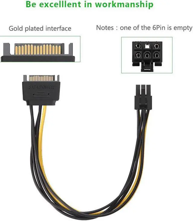 Alt view image 4 of 6 - Sata Power Cable Sata15 Pin to 6 Pin PCI Express Graphics Video Card Power Cable Adapter - 8 inch