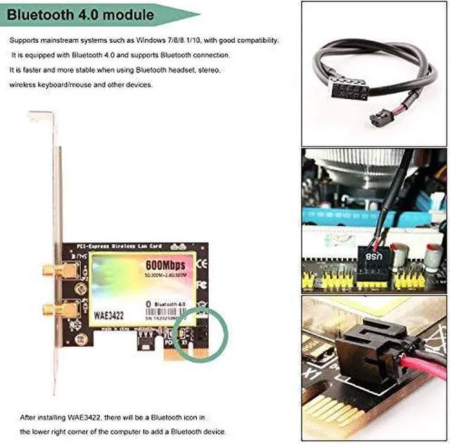 Alt view image 3 of 7 - Werleo WiFi Card 300Mbps Dual-Band PCIe Express Bluetooth Adapter Network Card WLAN WiFi Adapter with Bluetooth 4.0 for Desktop PC Adapter - WAE3422