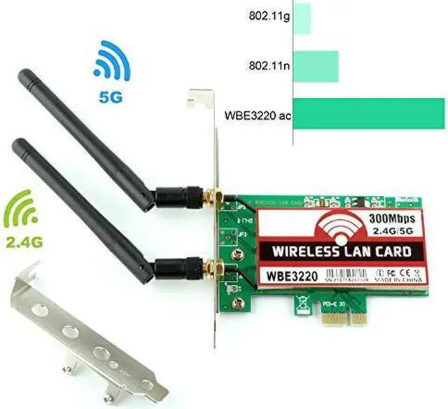 Alt view image 2 of 6 - Werleo 300Mbps Dual Band Wireless PCI-E Express Card 2.4GHz 300Mbps / 5GHz 300Mbps WiFi Network Adapter Card Support with 2PCS Antenna for Win7 Win8 Win10