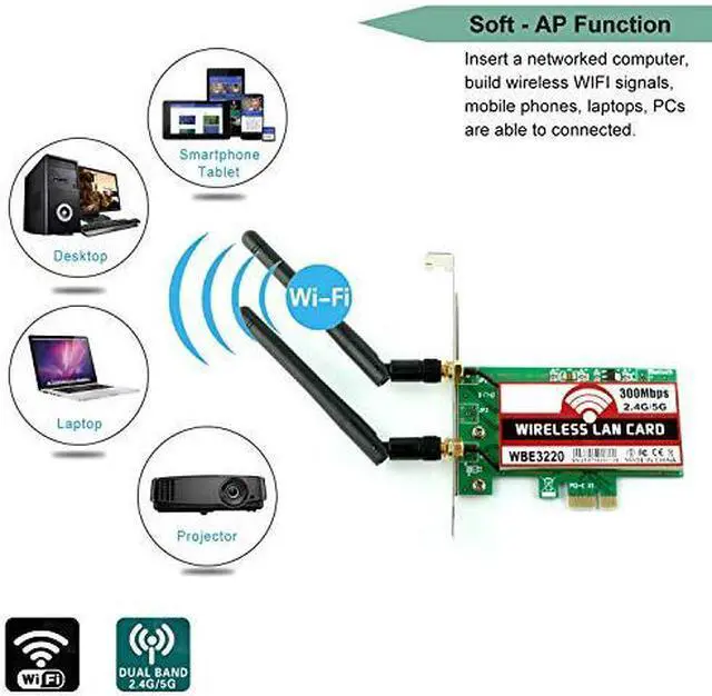 Alt view image 4 of 6 - Werleo 300Mbps Dual Band Wireless PCI-E Express Card 2.4GHz 300Mbps / 5GHz 300Mbps WiFi Network Adapter Card Support with 2PCS Antenna for Win7 Win8 Win10