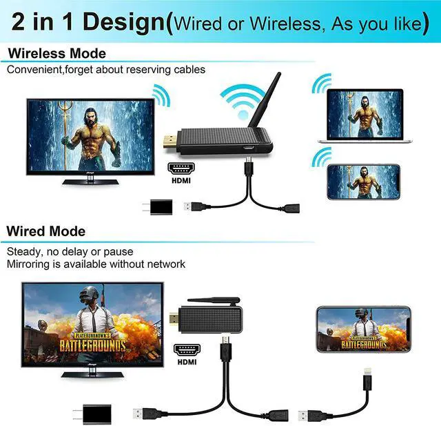Alt view image 2 of 6 - WERLEO Display Dongle 2 in 1 Support Wireless and Wired, Compatible with Phone to HDMI Adapter for TV 1080P HDMI Miracast Dongle Compatible for Windows Android iOS Smartphone Tablet iPhone iPad Laptop