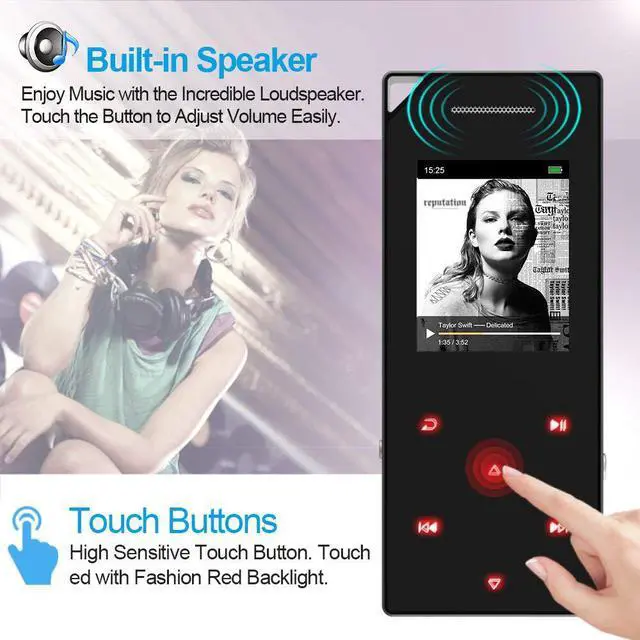 Alt view image 3 of 7 - RUIZU Mp3 Player with Bluetooth Music Player with FM Radio Built-in Speaker Heavy Metal Touch Button 80hrs Playback 128GB Expandable Black