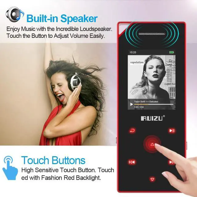 Alt view image 5 of 7 - RUIZU Mp3 Player with Bluetooth Music Player with FM Radio Built-in Speaker Heavy Metal Touch Button 80hrs Playback 128GB Expandable Black