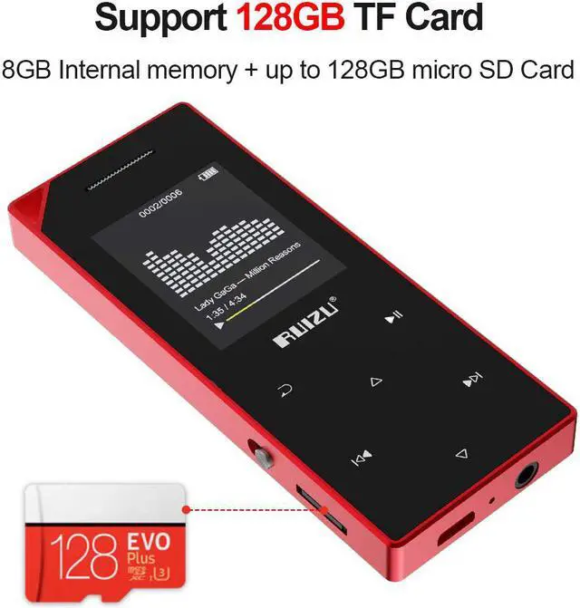 Alt view image 4 of 7 - RUIZU Mp3 Player with Bluetooth Music Player with FM Radio Built-in Speaker Heavy Metal Touch Button 80hrs Playback 128GB Expandable Black