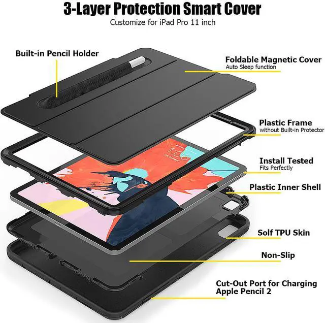 Alt view image 6 of 6 - iPad Pro 11" 2018 Case WERLEO Heavy Duty Three Layer Smart Protective Cover with Pencil Holder & Stand & Auto Sleep / Wake Function & Built-in Screen Protector for Apple iPad Pro 11" 2018