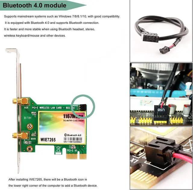 Alt view image 3 of 7 - Wireless Network Card Werleo Wireless WiFi Dual Band Gigabit Adapter, 867Mbps 2.4Ghz-300Mbps/5Ghz-867Mbps with High-gain Antenna Bluetooth 4.0 PCI-E Wireless WiFi Network Adapter