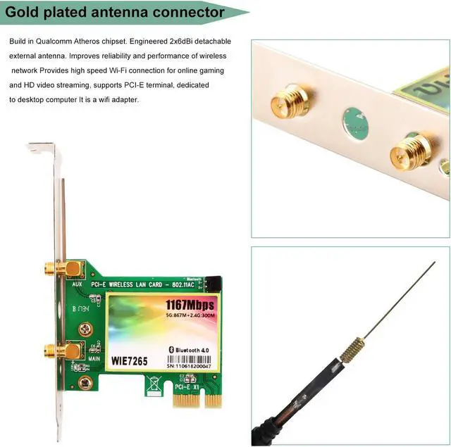Alt view image 4 of 7 - Wireless Network Card Werleo Wireless WiFi Dual Band Gigabit Adapter, 867Mbps 2.4Ghz-300Mbps/5Ghz-867Mbps with High-gain Antenna Bluetooth 4.0 PCI-E Wireless WiFi Network Adapter