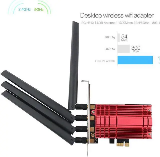 Alt view image 5 of 7 - Dual Band Wireless AC1900 Wi-Fi Adapter 802.11AC Desktop WiFi Wireless Network Card PCI Express WLAN Card IEEE802.11a/b/g/n/ac Up to 1300Mbps (5.0GHz) + 600Mbps (2.4GHz) Wireless Data Rates