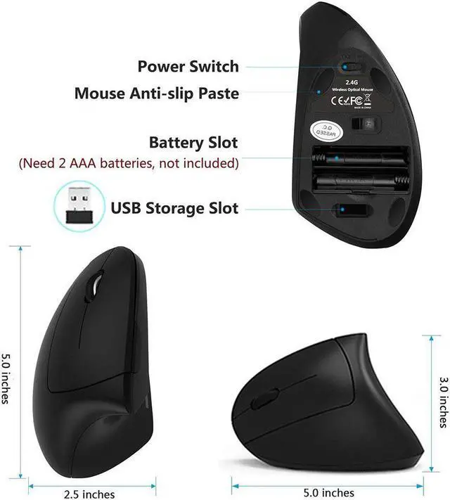 Alt view image 5 of 7 - Left Handed Mouse Werleo Wireless 2.4G USB Left Hand Ergonomic Vertical Mouse Less Noise - Black