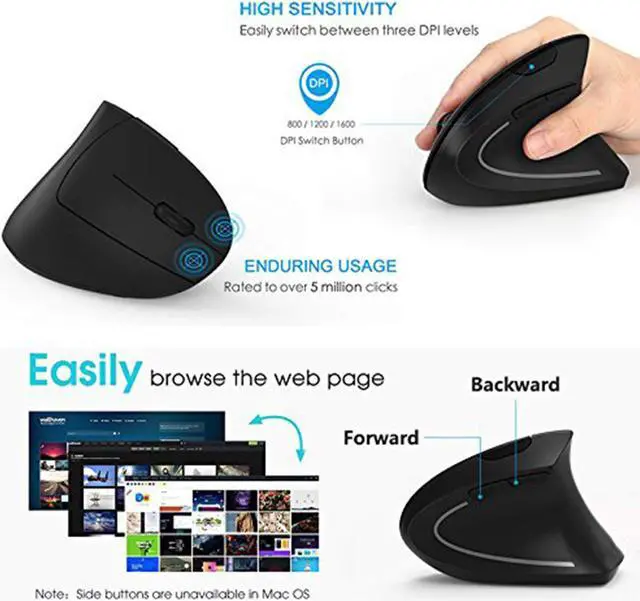 Alt view image 6 of 7 - Ergonomic Mouse, Vertical Wireless Mouse - Rechargeable 2.4GHz Optical Vertical Mice : 3 Adjustable DPI 800/1200/1600 Levels 6 Buttons, for Laptop, PC, Computer, Desktop, Notebook etc