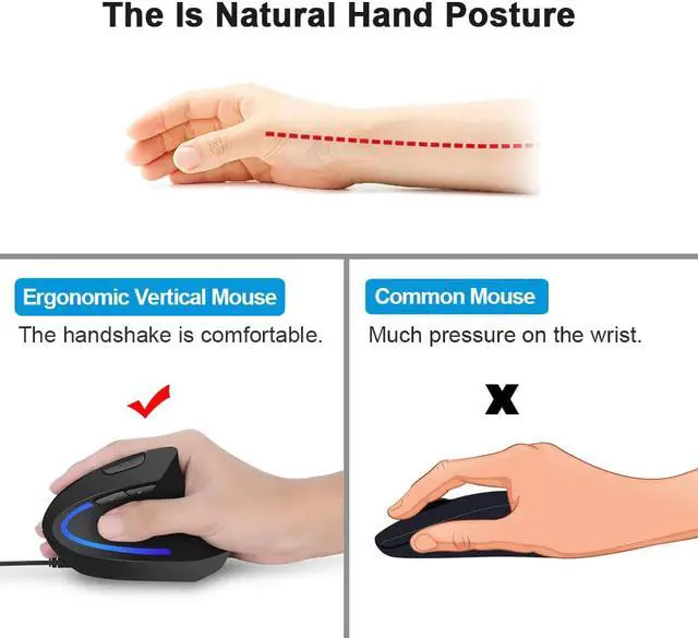 Alt view image 2 of 7 - USB Wired Vertical Mouse Optical Ergonomic Mouse for Laptop, Computer, Adjustable Sensitivity 1000/1600/2400/3200 DPI