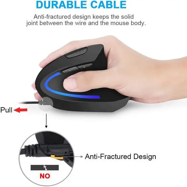 Alt view image 3 of 7 - USB Wired Vertical Mouse Optical Ergonomic Mouse for Laptop, Computer, Adjustable Sensitivity 1000/1600/2400/3200 DPI