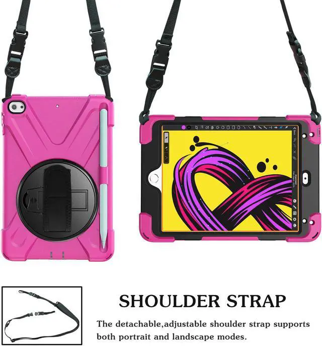 Alt view image 4 of 14 - iPad Mini 5 Case 2019 iPad Mini 4 Case with Pencil Holder Shockproof 360 Degree Rotation Cover with Kickstand Hand Strap Shoulder Strip Protective Case for iPad Mini 5th iPad Mini 4th Generation