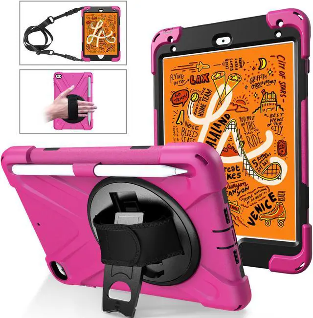 Alt view image 7 of 14 - iPad Mini 5 Case 2019 iPad Mini 4 Case with Pencil Holder Shockproof 360 Degree Rotation Cover with Kickstand Hand Strap Shoulder Strip Protective Case for iPad Mini 5th iPad Mini 4th Generation