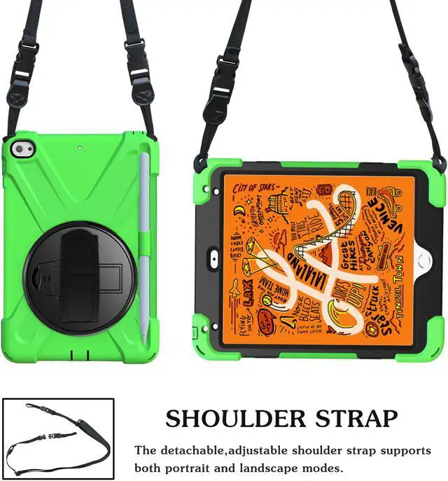 Alt view image 5 of 7 - iPad Mini 5 Case 2019 iPad Mini 4 Case with Pencil Holder Shockproof 360 Degree Rotation Cover with Kickstand Hand Strap Shoulder Strip Protective Case for iPad Mini 5th iPad Mini 4th Generation