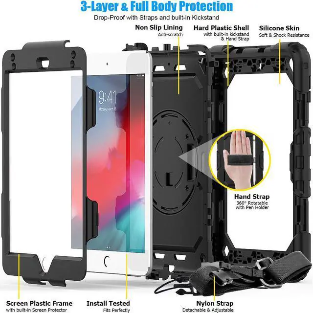 Alt view image 7 of 7 - Werleo iPad Mini 5 Case 2019 with Pencil Holder Full Body Shockproof Cover with 360 Degrees Stand Hand Strap and Shoulder Strap for ipad Mini Mini 5 2019 / iPad mini 4 case