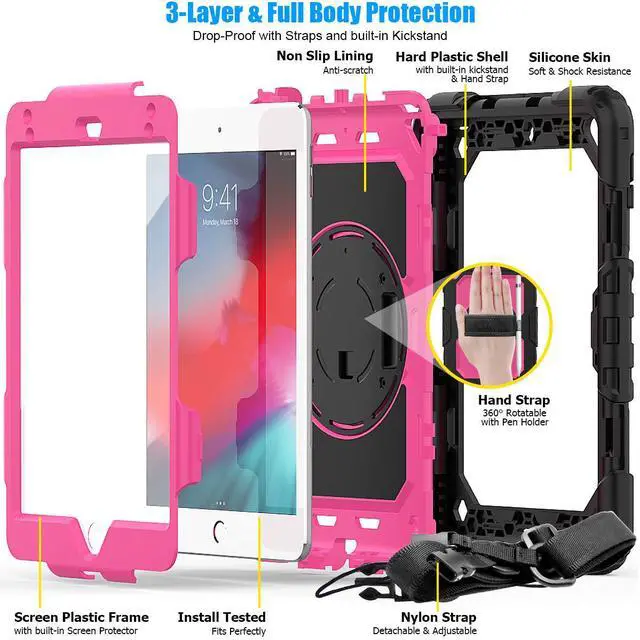 Alt view image 5 of 7 - Werleo iPad Mini 5 Case 2019 with Pencil Holder Full Body Shockproof Cover with 360 Degrees Stand Hand Strap and Shoulder Strap for ipad Mini Mini 5 2019 / iPad mini 4 case