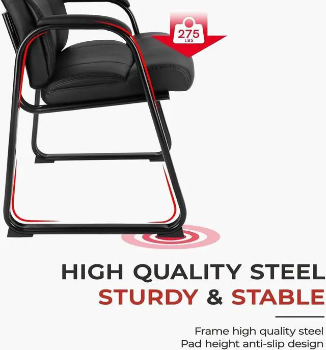 Alt view image 5 of 6 - CLATINA Waiting Room Guest Chair with Padded Arm Rest Leather Guest Chair for Reception Meeting Conference Office Home Black with Sled Base