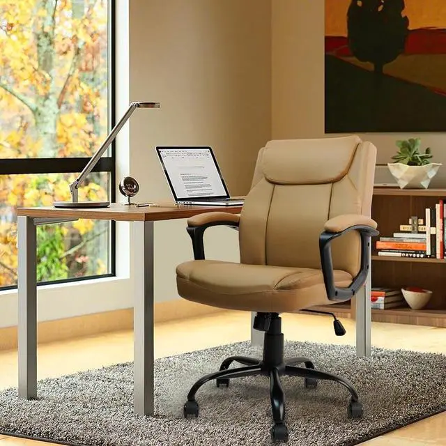 Alt view image 7 of 7 - CLATINA Brown Office Chair Computer Chair PU Leather Executive Office Chair Swivel Adjustable Height Chair with Upholstery Fixed armrest Mid-Back Leather Thick Cushion Office Chair Brown 1Pack