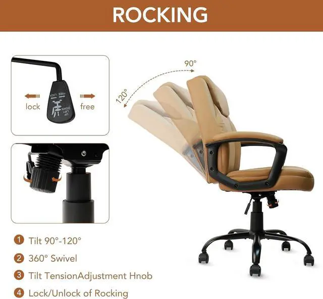 Alt view image 4 of 7 - CLATINA Brown Office Chair Computer Chair PU Leather Executive Office Chair Swivel Adjustable Height Chair with Upholstery Fixed armrest Mid-Back Leather Thick Cushion Office Chair Brown 1Pack