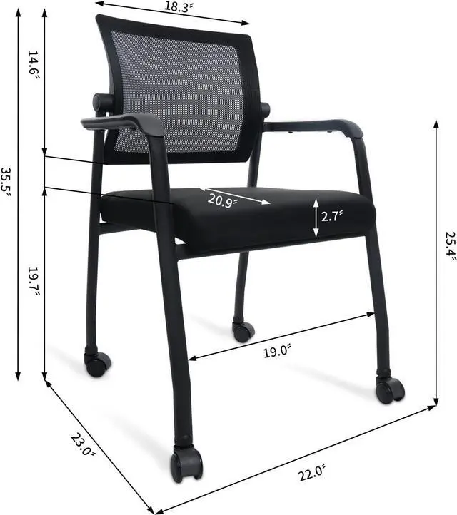 Alt view image 2 of 7 - KLASIKA Waiting Room Chairs with Wheels, Adjustable Mesh Backrest, Desk Chair with Ergonomic Lumbar Support and Thickened Seats Cushion, Black