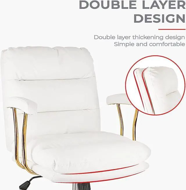 Alt view image 3 of 6 - KLASIKA Ergonomic Office Desk Chair for Heavy People with Wheels and Arms, Faux Leather Computer Chair for Home Bedroom Office, White Chair Gold Caster