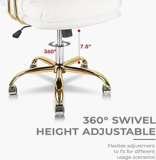 Alt view image 5 of 6 - KLASIKA Ergonomic Office Desk Chair for Heavy People with Wheels and Arms, Faux Leather Computer Chair for Home Bedroom Office, White Chair Gold Caster