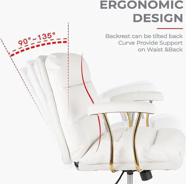 Alt view image 4 of 6 - KLASIKA Ergonomic Office Desk Chair for Heavy People with Wheels and Arms, Faux Leather Computer Chair for Home Bedroom Office, White Chair Gold Caster
