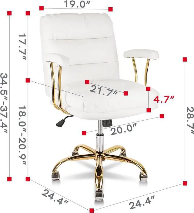 Alt view image 2 of 6 - KLASIKA Ergonomic Office Desk Chair for Heavy People with Wheels and Arms, Faux Leather Computer Chair for Home Bedroom Office, White Chair Gold Caster