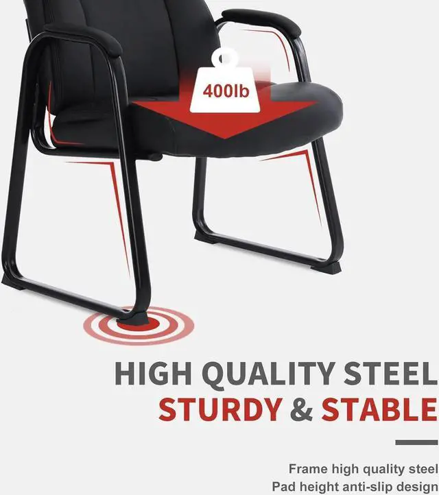 Alt view image 4 of 7 - CLATINA Big & Tall 400 lb. Guest Chair, Leather Reception Chairs with Sled Base and Padded Arm Rest for Waiting Room Office Home and Meeting Conference-Black
