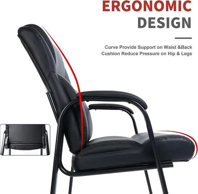 Alt view image 3 of 7 - CLATINA Big & Tall 400 lb. Guest Chair, Leather Reception Chairs with Sled Base and Padded Arm Rest for Waiting Room Office Home and Meeting Conference-Black
