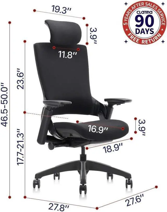 Alt view image 2 of 7 - CLATINA Ergonomic High Swivel Executive Chair with Adjustable Height Head 3D Arm Rest Lumbar Support and Upholstered Back for Home Office Gray