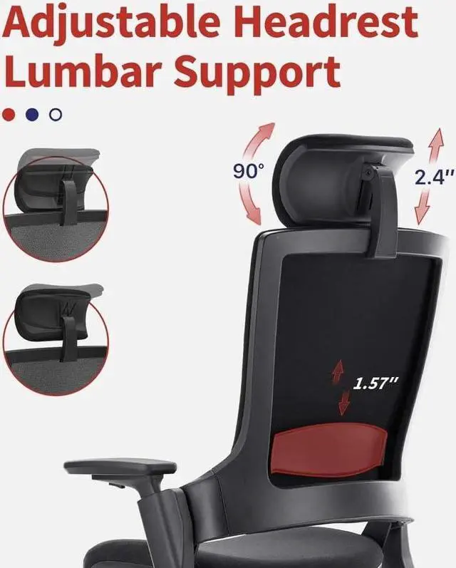 Alt view image 4 of 7 - CLATINA Ergonomic High Swivel Executive Chair with Adjustable Height Head 3D Arm Rest Lumbar Support and Upholstered Back for Home Office Gray