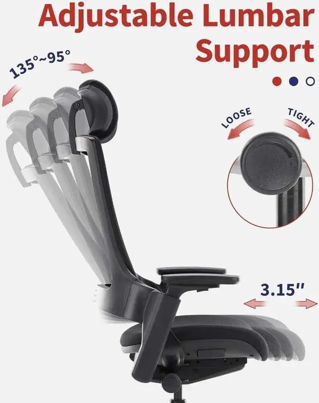 Alt view image 5 of 7 - CLATINA Ergonomic High Swivel Executive Chair with Adjustable Height Head 3D Arm Rest Lumbar Support and Upholstered Back for Home Office Gray