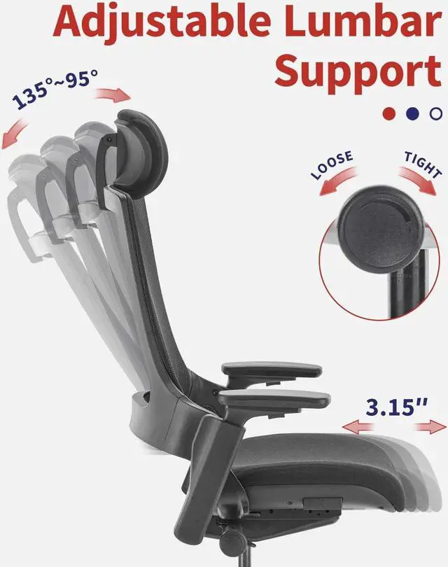 Alt view image 9 of 14 - CLATINA Ergonomic High Swivel Executive Chair with Adjustable Height Head 3D Arm Rest Lumbar Support and Upholstered Back for Home Office Black Mesh/High Back