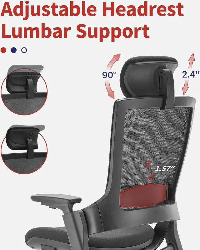 Alt view image 13 of 14 - CLATINA Ergonomic High Swivel Executive Chair with Adjustable Height Head 3D Arm Rest Lumbar Support and Upholstered Back for Home Office Black Mesh/High Back