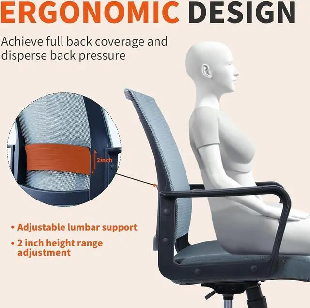 Alt view image 6 of 7 - CLATINA Ergonomic Office Desk Chair - Mesh Office Chair with Adjustable Lumbar Support, Rolling Comfortable Computer Task Chairs with Arms for Home Conference-Gray