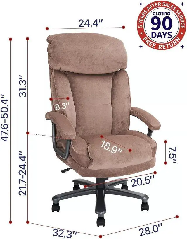 Alt view image 6 of 7 - CLATINA Ergonomic Big and Tall Executive Office Chair with Upholstered Swivel 400lbs High Capacity Adjustable Height Thick Padding Headrest and Armrest for Home Office Beige