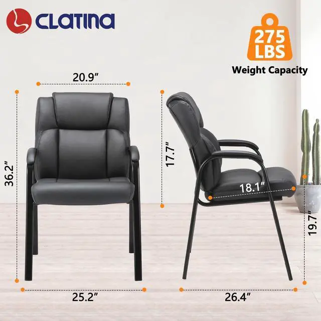 Alt view image 3 of 7 - CLATINA Leather Guest Chair with Padded Arm Rest for Reception Meeting Conference and Waiting Room Side Office Home Black 2 Pack