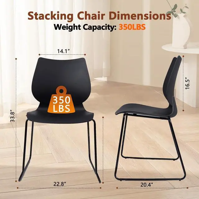 Alt view image 3 of 7 - CLATINA chairs Stackable Waiting Room Chair, Stacking Office Chair with Ergonomic Lumbar Support and Metal Legs, Plastic Desk Chairs for Conference School Church Guest Reception Set of 4, Black