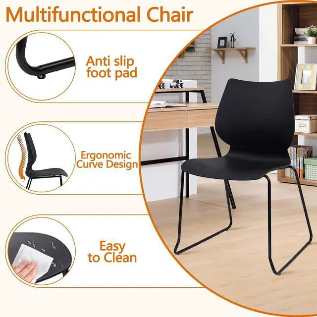 Alt view image 5 of 7 - CLATINA chairs Stackable Waiting Room Chair, Stacking Office Chair with Ergonomic Lumbar Support and Metal Legs, Plastic Desk Chairs for Conference School Church Guest Reception Set of 4, Black