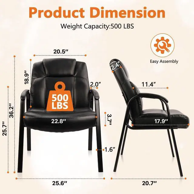 Alt view image 2 of 7 - CLATINA Big & Tall 500 lb. Guest Chair, Leather Reception Chairs with Padded Arm Rest for Waiting Room Office Home and Meeting Conference-Black