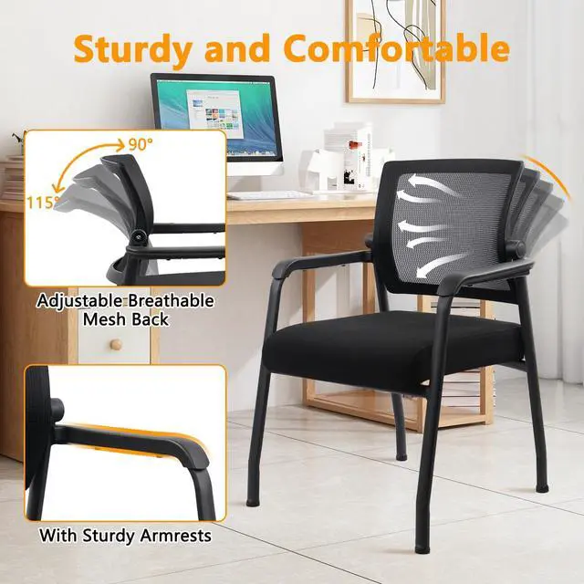 Alt view image 4 of 7 - Desk Chair No Wheels with Adjustable Mesh Backrest, Arm Chair with Ergonomic Lumbar Support and Thickened Seats Cushion, Waiting Room Chairs for Office School Church Guest Reception