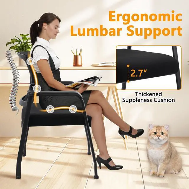 Alt view image 5 of 7 - Desk Chair No Wheels with Adjustable Mesh Backrest, Arm Chair with Ergonomic Lumbar Support and Thickened Seats Cushion, Waiting Room Chairs for Office School Church Guest Reception
