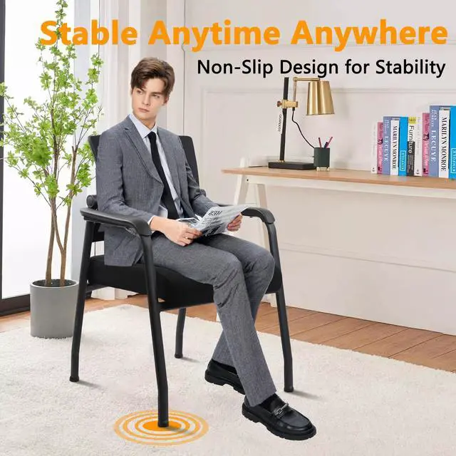 Alt view image 6 of 7 - Desk Chair No Wheels with Adjustable Mesh Backrest, Arm Chair with Ergonomic Lumbar Support and Thickened Seats Cushion, Waiting Room Chairs for Office School Church Guest Reception